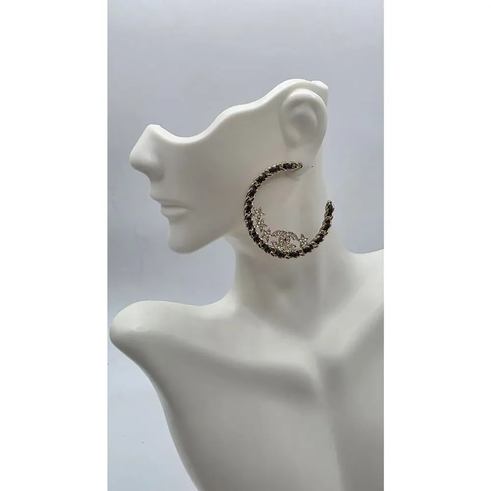 Chanel Gold-tone 2023 Strass Leather Interlocking CC Hoop Earrings